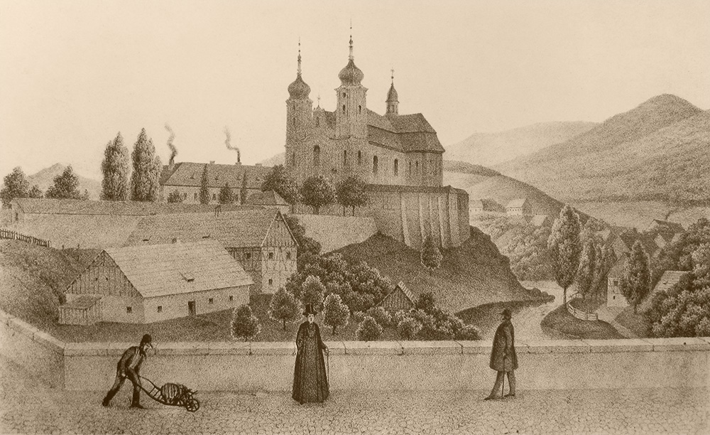 Hejnice klášterní kostel z kamenného mostu, kamenotisk 19. století